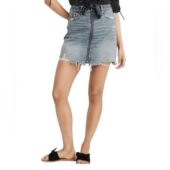 Abercrombie & Fitch Distressed Blue Denim Full Zip Mini Skirt Preppy Edgy Y2K - Picture 3 of 8